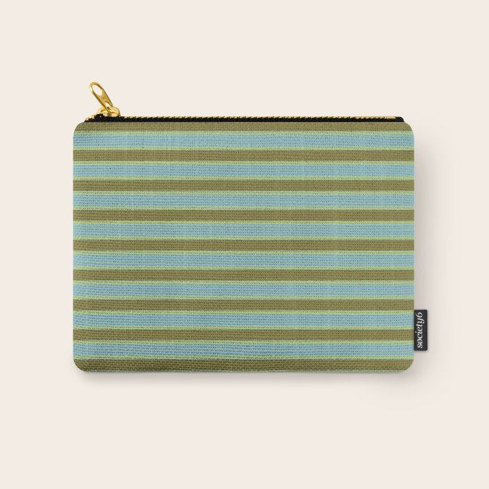 Cottage Stripes Pattern in Olive Green Arctic Blue and Chartreuse Carry All Pouch Gallery Image 1