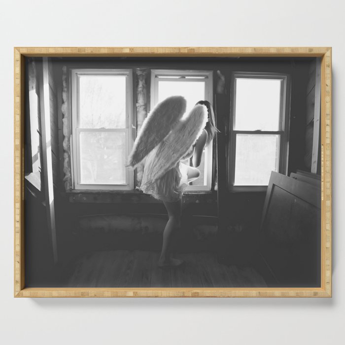 Caught Her Sneaking Out the Bathroom Window female angel black and white photograph - photography - photographs wall decor Serving Tray Gallery Image 1