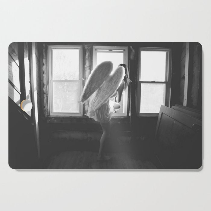 Caught Her Sneaking Out the Bathroom Window female angel black and white photograph - photography - photographs wall decor Cutting Board Gallery Image 1