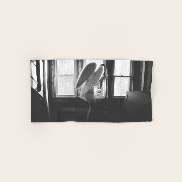 Caught Her Sneaking Out the Bathroom Window female angel black and white photograph - photography - photographs wall decor Bath Towel Gallery Image 1