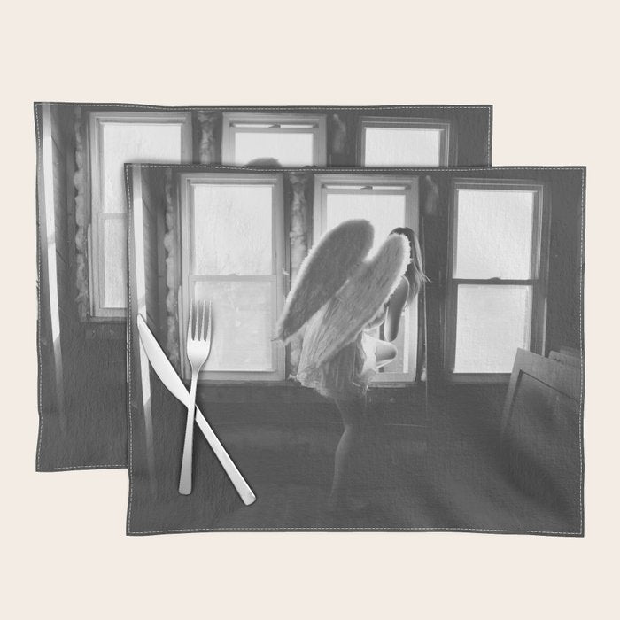 Caught Her Sneaking Out the Bathroom Window female angel black and white photograph - photography - photographs wall decor Placemat Gallery Image 1