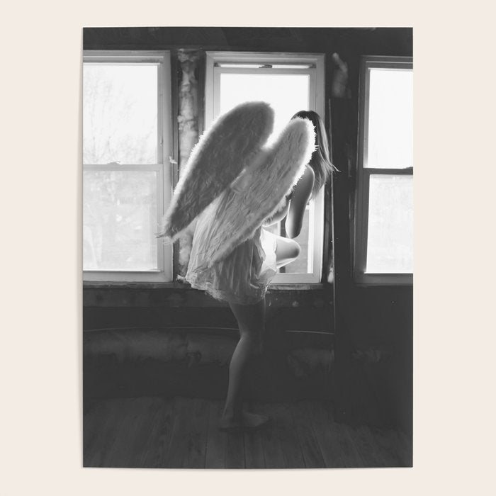 Caught Her Sneaking Out the Bathroom Window female angel black and white photograph - photography - photographs wall decor Poster Gallery Image 1