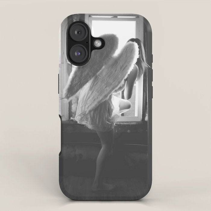 Caught Her Sneaking Out the Bathroom Window female angel black and white photograph - photography - photographs wall decor iPhone Case Gallery Image 1