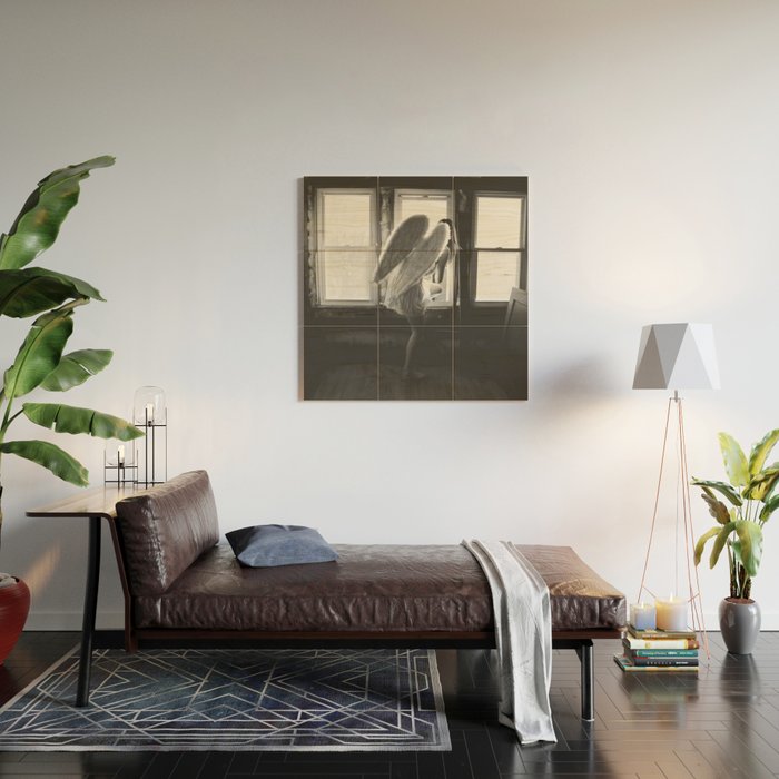 Caught Her Sneaking Out the Bathroom Window female angel black and white photograph - photography - photographs wall decor Wood Wall Art Gallery Image 2