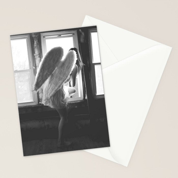 Caught Her Sneaking Out the Bathroom Window female angel black and white photograph - photography - photographs wall decor Stationery Card Gallery Image 2