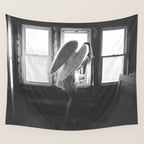 Caught Her Sneaking Out the Bathroom Window female angel black and white photograph - photography - photographs wall decor Wall Tapestry Gallery Image 4