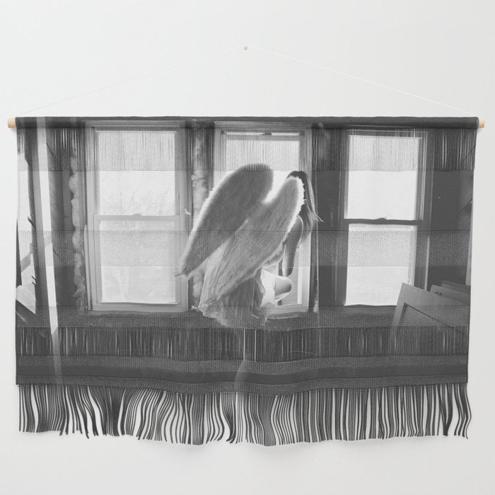 Caught Her Sneaking Out the Bathroom Window female angel black and white photograph - photography - photographs wall decor Wall Hanging Gallery Image 1