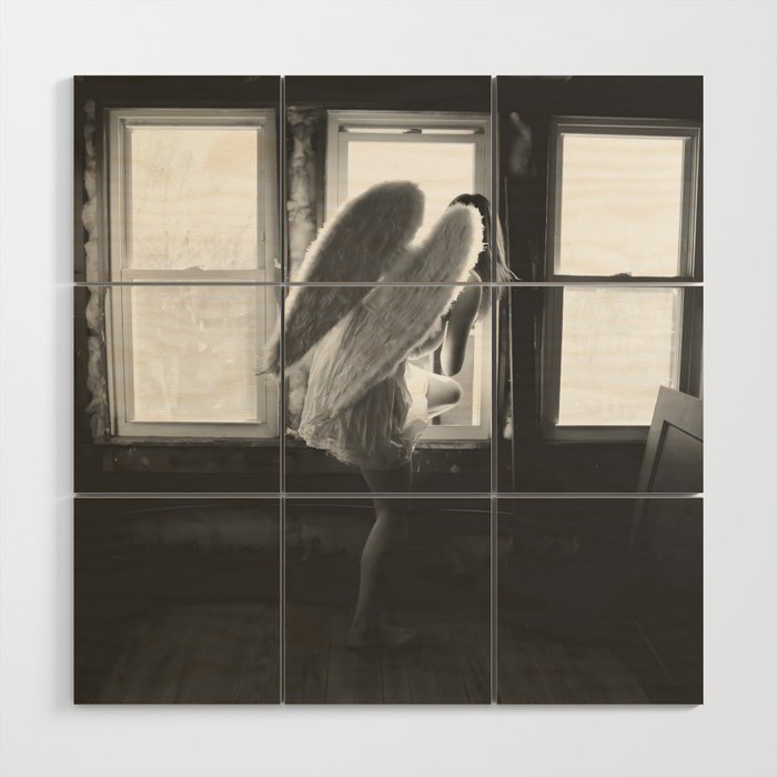 Caught Her Sneaking Out the Bathroom Window female angel black and white photograph - photography - photographs wall decor Wood Wall Art Gallery Image 1