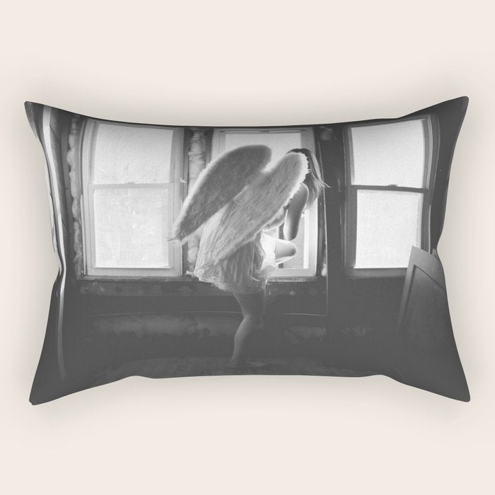 Caught Her Sneaking Out the Bathroom Window female angel black and white photograph - photography - photographs wall decor Rectangular Pillow Gallery Image 1
