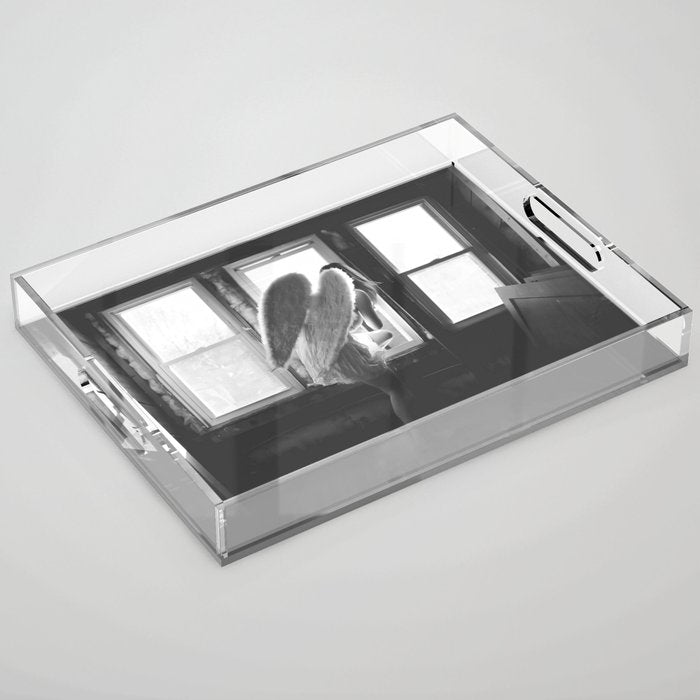 Caught Her Sneaking Out the Bathroom Window female angel black and white photograph - photography - photographs wall decor Acrylic Tray Gallery Image 1