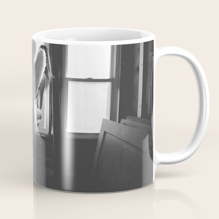 Caught Her Sneaking Out the Bathroom Window female angel black and white photograph - photography - photographs wall decor Coffee Mug Gallery Image 1