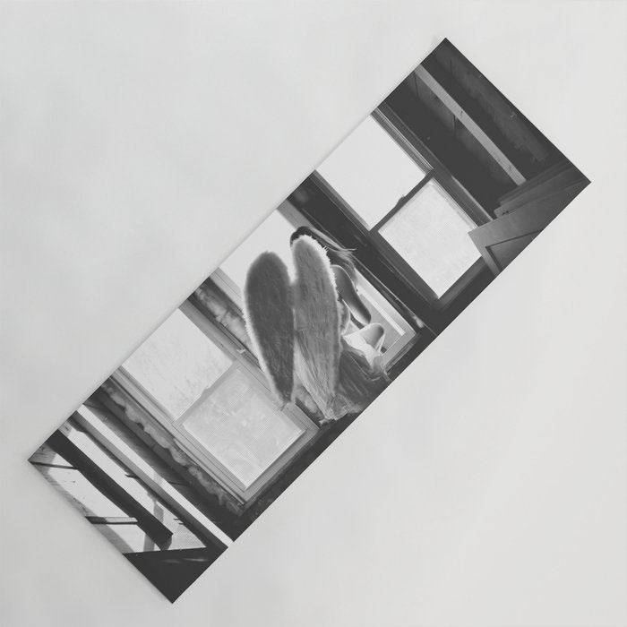 Caught Her Sneaking Out the Bathroom Window female angel black and white photograph - photography - photographs wall decor Yoga Mat Gallery Image 1