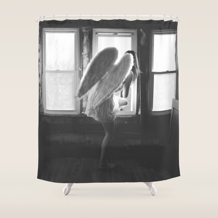 Caught Her Sneaking Out the Bathroom Window female angel black and white photograph - photography - photographs wall decor Shower Curtain Gallery Image 1