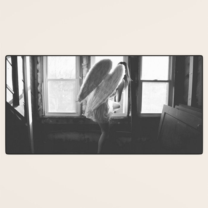 Caught Her Sneaking Out the Bathroom Window female angel black and white photograph - photography - photographs wall decor Desk Mat Gallery Image 3