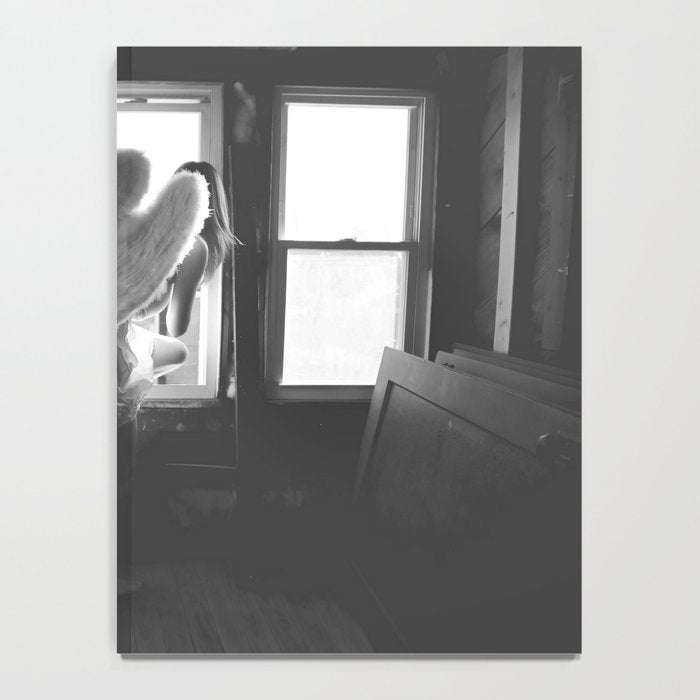 Caught Her Sneaking Out the Bathroom Window female angel black and white photograph - photography - photographs wall decor Notebook Gallery Image 4