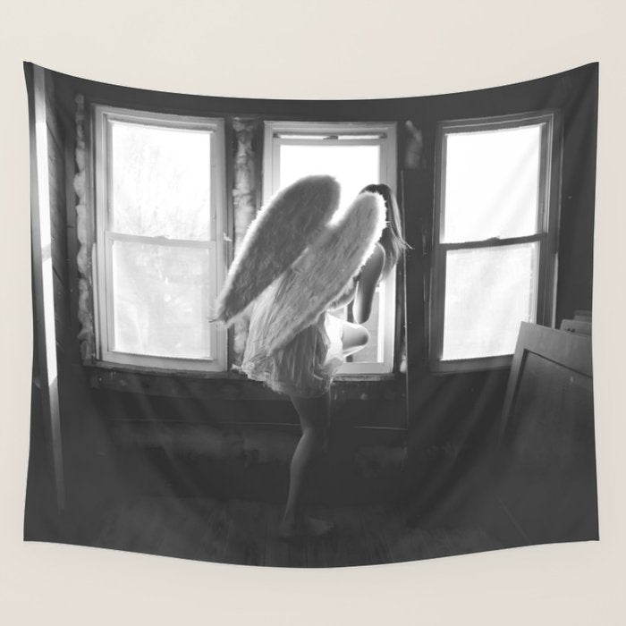 Caught Her Sneaking Out the Bathroom Window female angel black and white photograph - photography - photographs wall decor Wall Tapestry Gallery Image 1