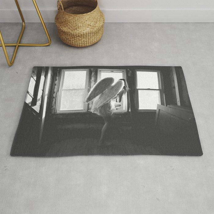 Caught Her Sneaking Out the Bathroom Window female angel black and white photograph - photography - photographs wall decor Rug Gallery Image 1