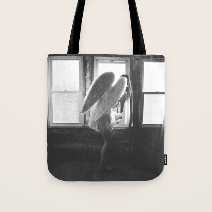 Caught Her Sneaking Out the Bathroom Window female angel black and white photograph - photography - photographs wall decor Tote Bag Gallery Image 1