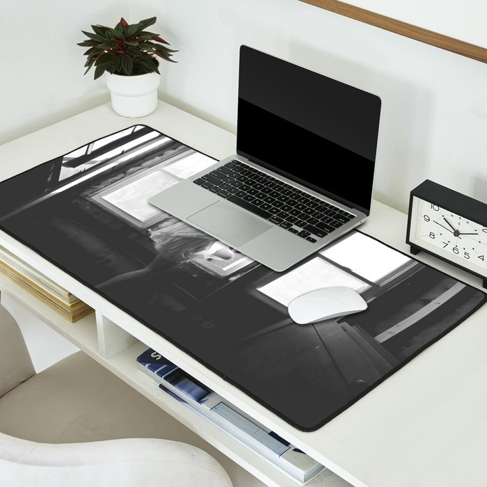 Caught Her Sneaking Out the Bathroom Window female angel black and white photograph - photography - photographs wall decor Desk Mat Gallery Image 2