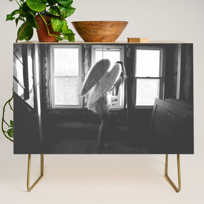 Caught Her Sneaking Out the Bathroom Window female angel black and white photograph - photography - photographs wall decor Credenza Gallery Image 1