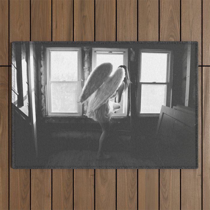 Caught Her Sneaking Out the Bathroom Window female angel black and white photograph - photography - photographs wall decor Outdoor Rug Gallery Image 1