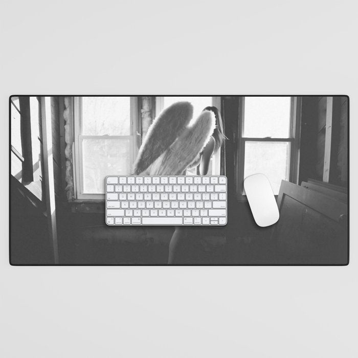 Caught Her Sneaking Out the Bathroom Window female angel black and white photograph - photography - photographs wall decor Desk Mat Gallery Image 1