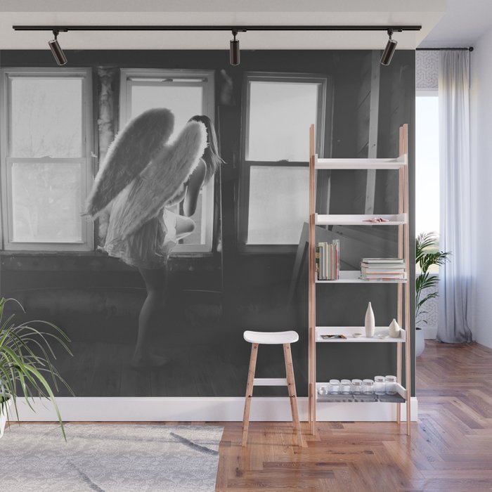 Caught Her Sneaking Out the Bathroom Window female angel black and white photograph - photography - photographs wall decor Wall Mural Gallery Image 1