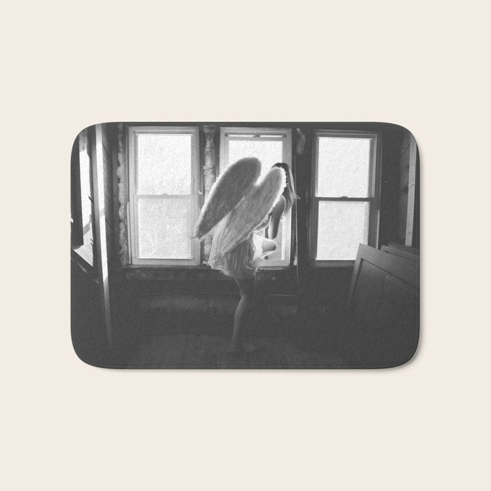Caught Her Sneaking Out the Bathroom Window female angel black and white photograph - photography - photographs wall decor Bath Mat Gallery Image 1
