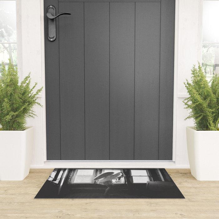 Caught Her Sneaking Out the Bathroom Window female angel black and white photograph - photography - photographs wall decor Welcome Mat Gallery Image 3
