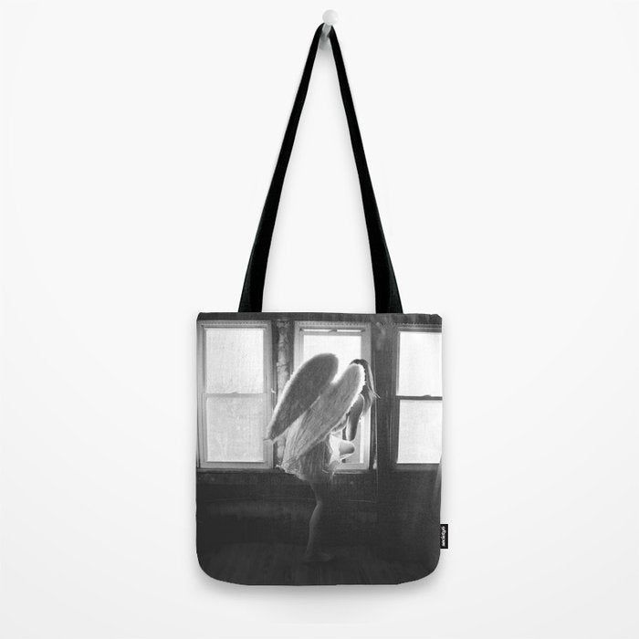 Caught Her Sneaking Out the Bathroom Window female angel black and white photograph - photography - photographs wall decor Tote Bag Gallery Image 2