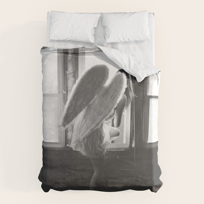 Caught Her Sneaking Out the Bathroom Window female angel black and white photograph - photography - photographs wall decor Duvet Cover Gallery Image 6
