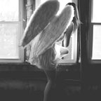 Caught Her Sneaking Out the Bathroom Window female angel black and white photograph - photography - photographs wall decor Coffee Mug Gallery Image 2