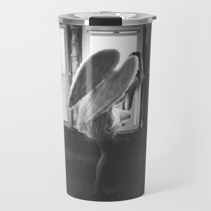 Caught Her Sneaking Out the Bathroom Window female angel black and white photograph - photography - photographs wall decor Travel Mug Gallery Image 1