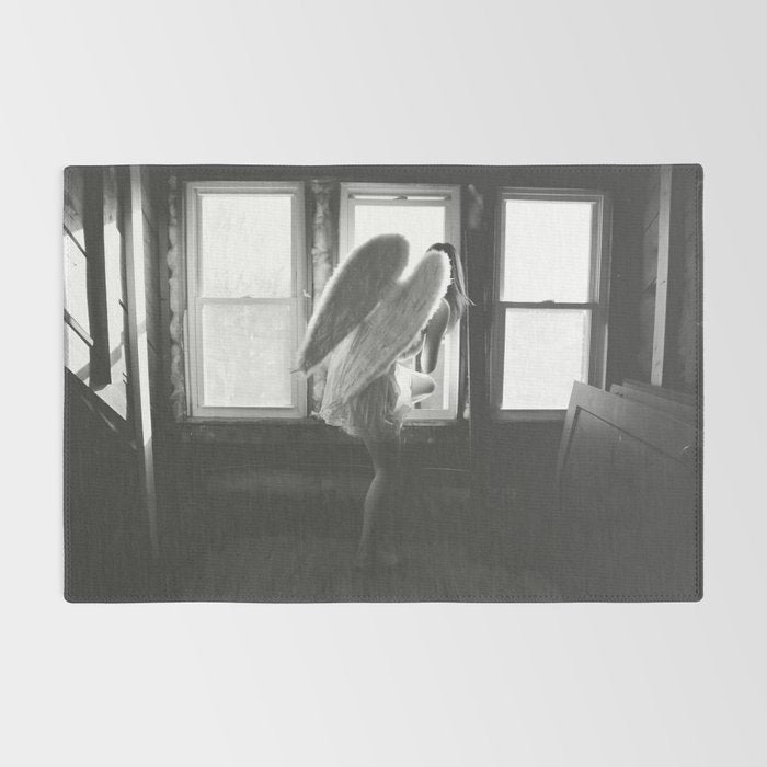 Caught Her Sneaking Out the Bathroom Window female angel black and white photograph - photography - photographs wall decor Rug Gallery Image 2