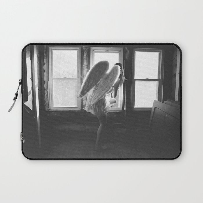 Caught Her Sneaking Out the Bathroom Window female angel black and white photograph - photography - photographs wall decor Laptop Sleeve Gallery Image 1