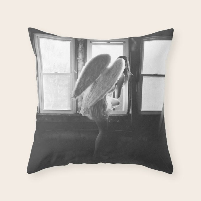 Caught Her Sneaking Out the Bathroom Window female angel black and white photograph - photography - photographs wall decor Throw Pillow Gallery Image 1