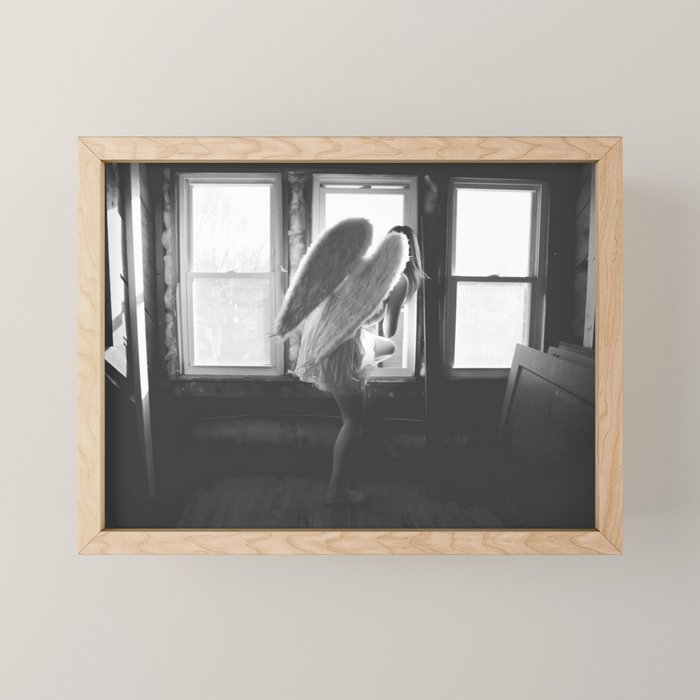 Caught Her Sneaking Out the Bathroom Window female angel black and white photograph - photography - photographs wall decor Mini Art Print Gallery Image 1