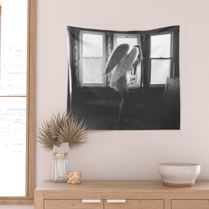 Caught Her Sneaking Out the Bathroom Window female angel black and white photograph - photography - photographs wall decor Wall Tapestry Gallery Image 2