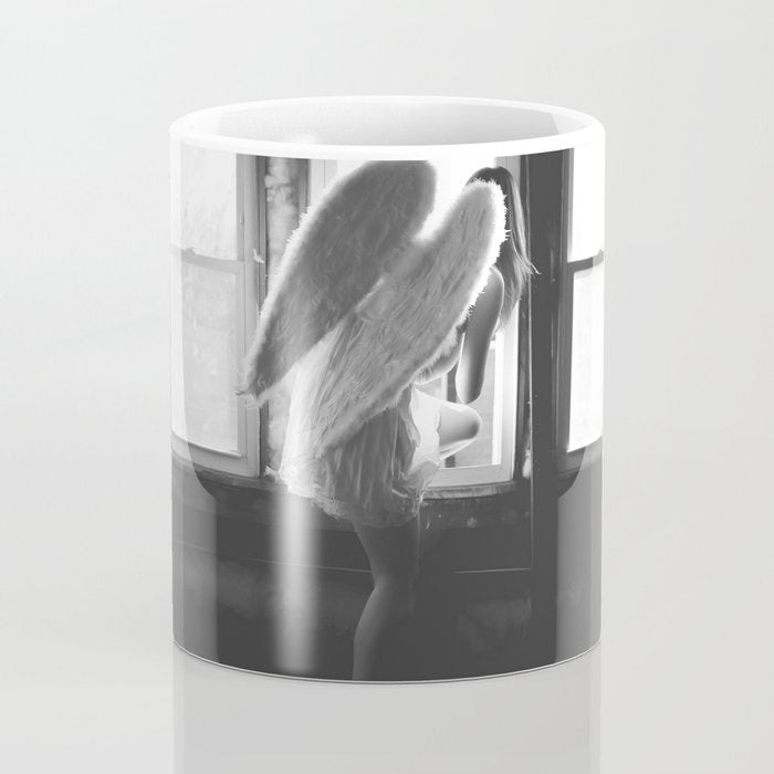 Caught Her Sneaking Out the Bathroom Window female angel black and white photograph - photography - photographs wall decor Coffee Mug Gallery Image 4