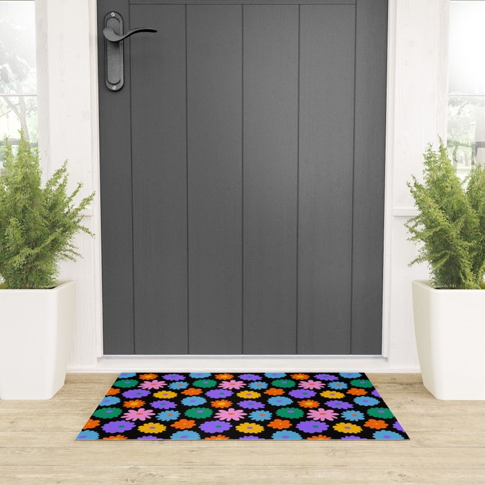 Colorful retro flower art pattern Welcome Mat Gallery Image 3