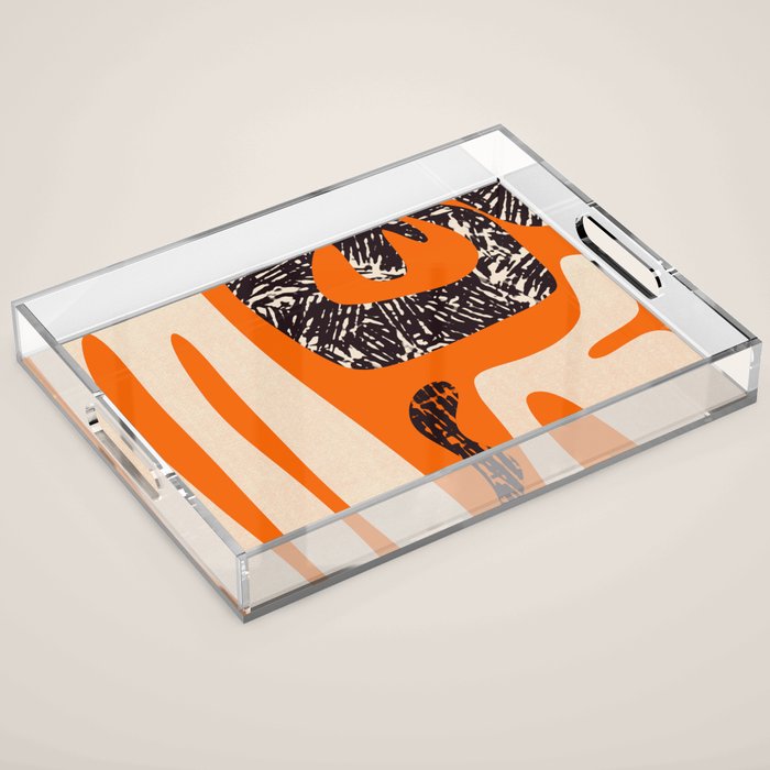 Mid Century Modern Abstract Kwaito Textured Pattern Orange Black Cream Acrylic Tray Gallery Image 1