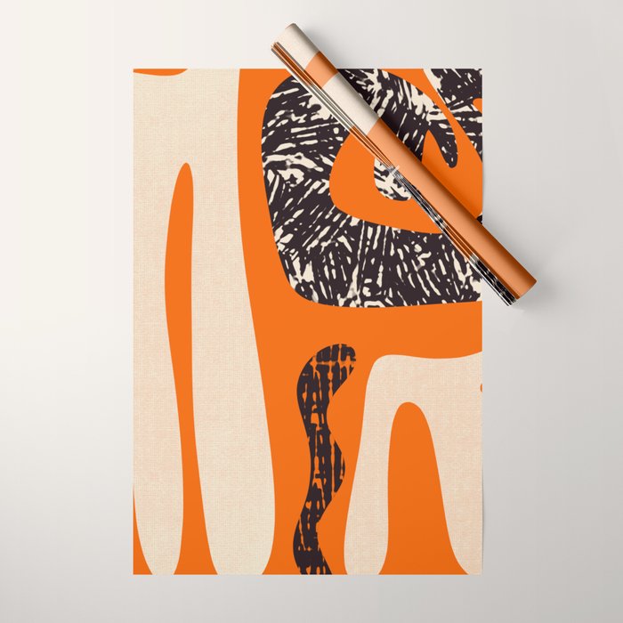 Mid Century Modern Abstract Kwaito Textured Pattern Orange Black Cream Wrapping Paper Gallery Image 1