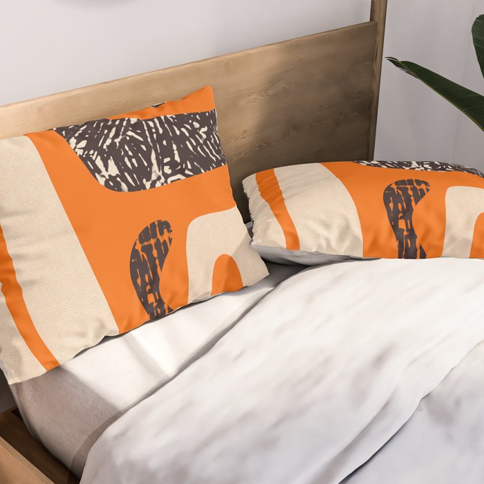 Mid Century Modern Abstract Kwaito Textured Pattern Orange Black Cream Pillow Sham Gallery Image 2