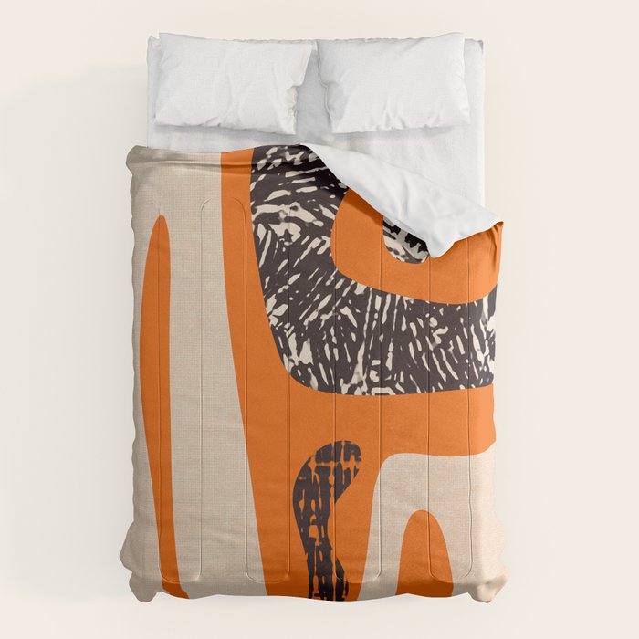 Mid Century Modern Abstract Kwaito Textured Pattern Orange Black Cream Comforter Gallery Image 1