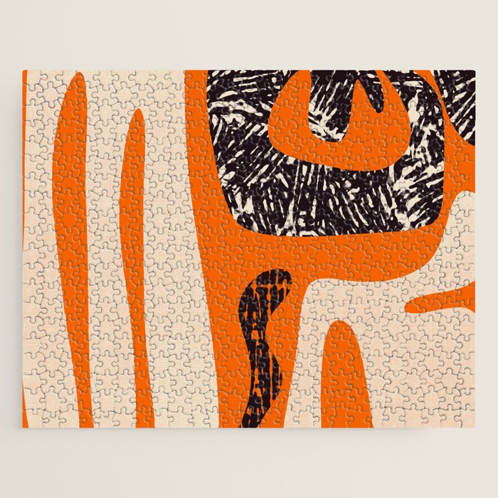 Mid Century Modern Abstract Kwaito Textured Pattern Orange Black Cream Jigsaw Puzzle Gallery Image 1