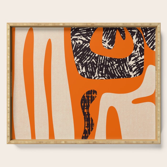 Mid Century Modern Abstract Kwaito Textured Pattern Orange Black Cream Serving Tray Gallery Image 1