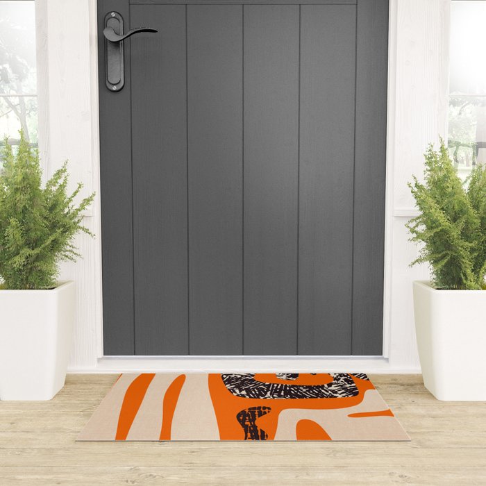 Mid Century Modern Abstract Kwaito Textured Pattern Orange Black Cream Welcome Mat Gallery Image 3