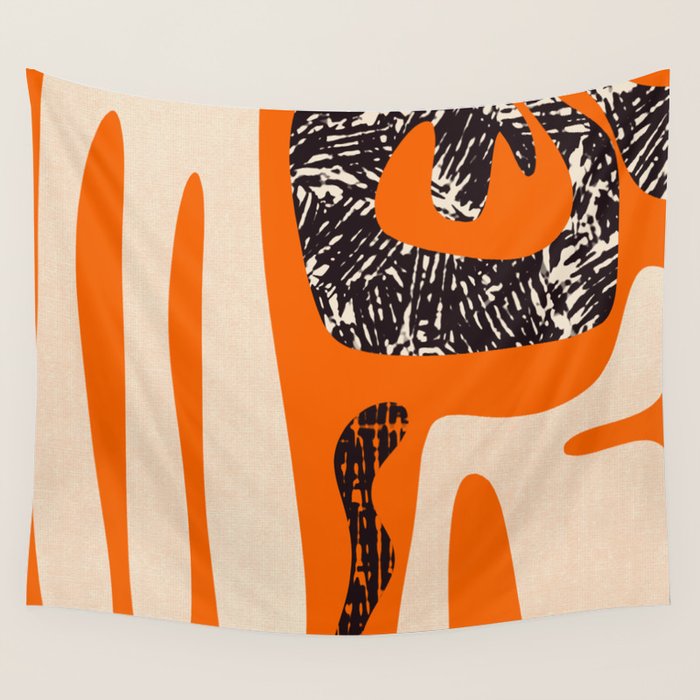 Mid Century Modern Abstract Kwaito Textured Pattern Orange Black Cream Wall Tapestry Gallery Image 4
