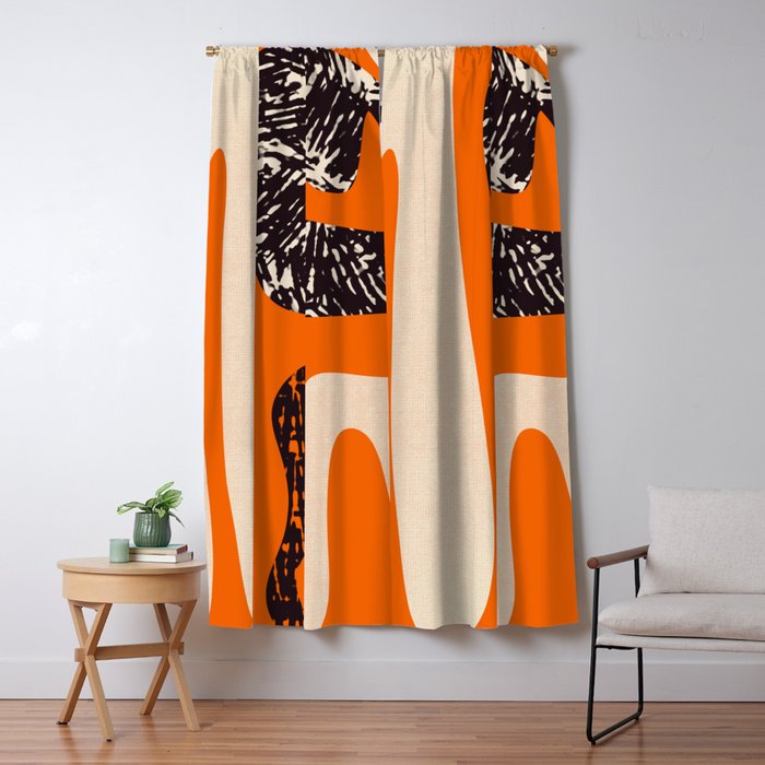Mid Century Modern Abstract Kwaito Textured Pattern Orange Black Cream Window Curtain Gallery Image 5