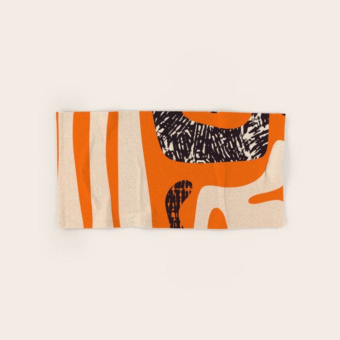 Mid Century Modern Abstract Kwaito Textured Pattern Orange Black Cream Bath Towel Gallery Image 1